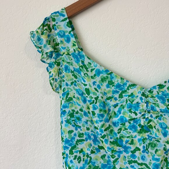 Ann Taylor Top Womens 14 Blue Green Floral Ruffle Sleeveless Silk Career Tank - Picture 4 of 9